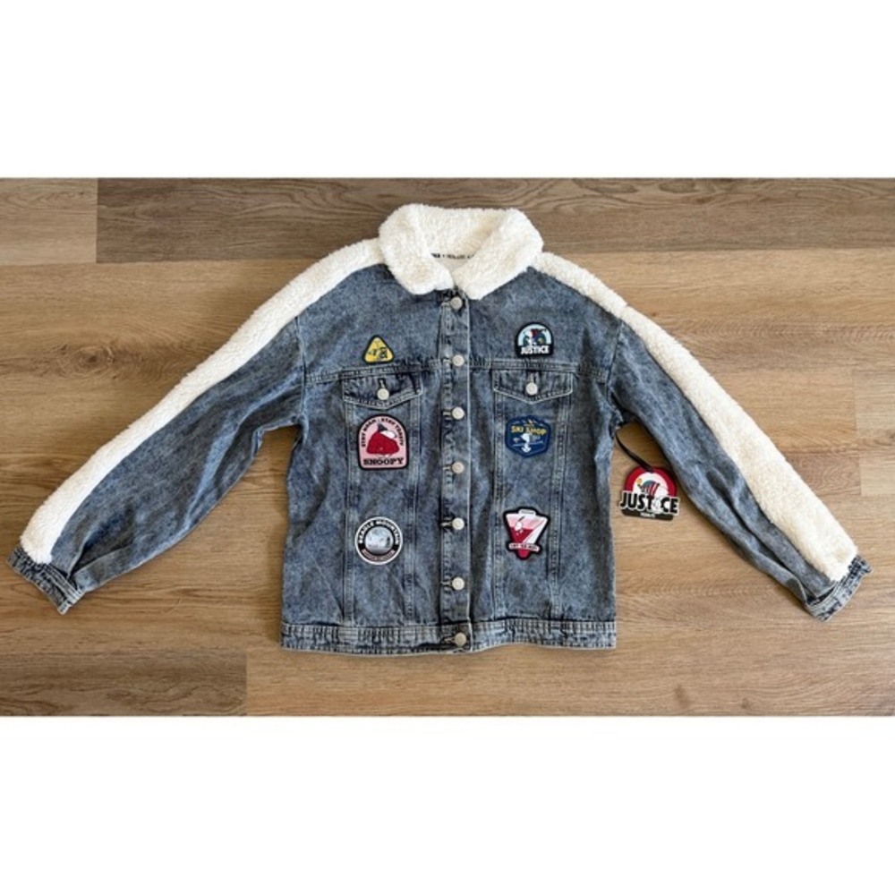 Girls Peanuts Snoopy Denim Jacket Sherpa Trim Patches Acid Wash Blue large 12/14